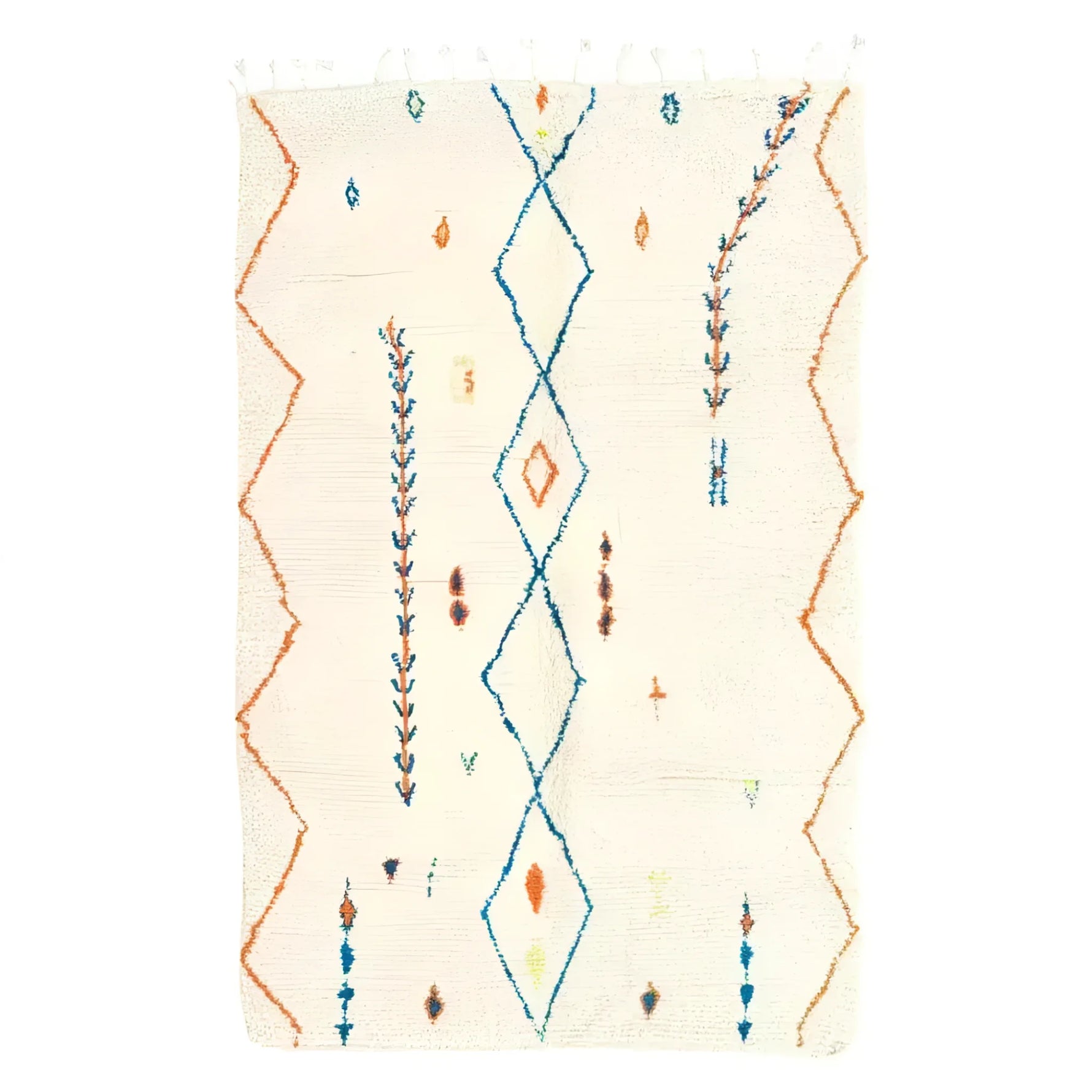 This image showcases a handwoven wool area rug, ideal as a runner rug for kitchens, hallways, or bathrooms. The rug features a boho design with geometric patterns in vibrant orange and blue on a cream background, adding a stylish touch to any space.