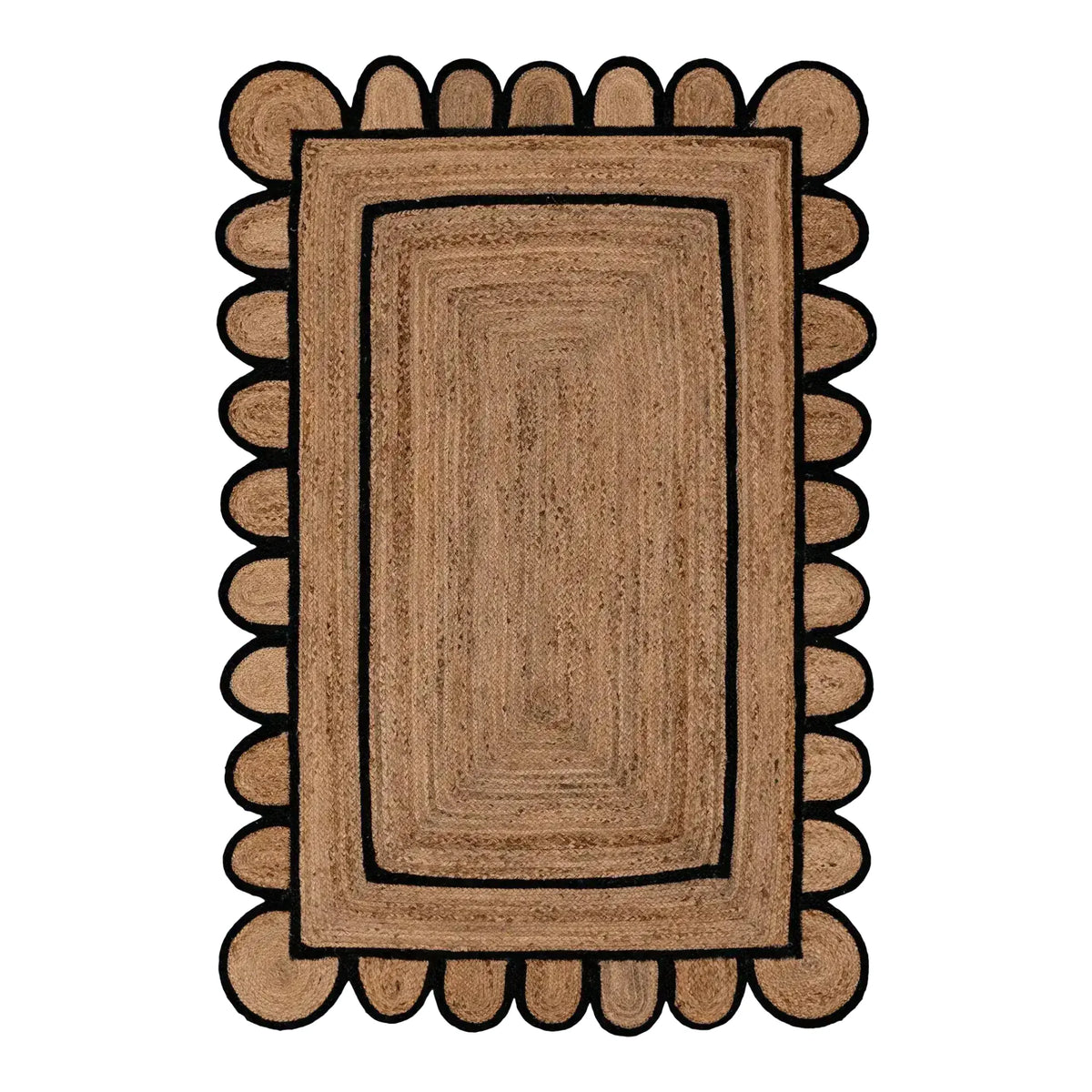 Elegant double trim black scalloped jute area rug measuring 4 x 6 ft, perfect for adding a natural touch to your living room decor. This large living room rug features a unique scalloped design with a black border, making it a stylish and functional choice for modern spaces.