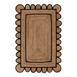 Elegant double trim black scalloped jute area rug measuring 4 x 6 ft, perfect for adding a natural touch to your living room decor. This large living room rug features a unique scalloped design with a black border, making it a stylish and functional choice for modern spaces.