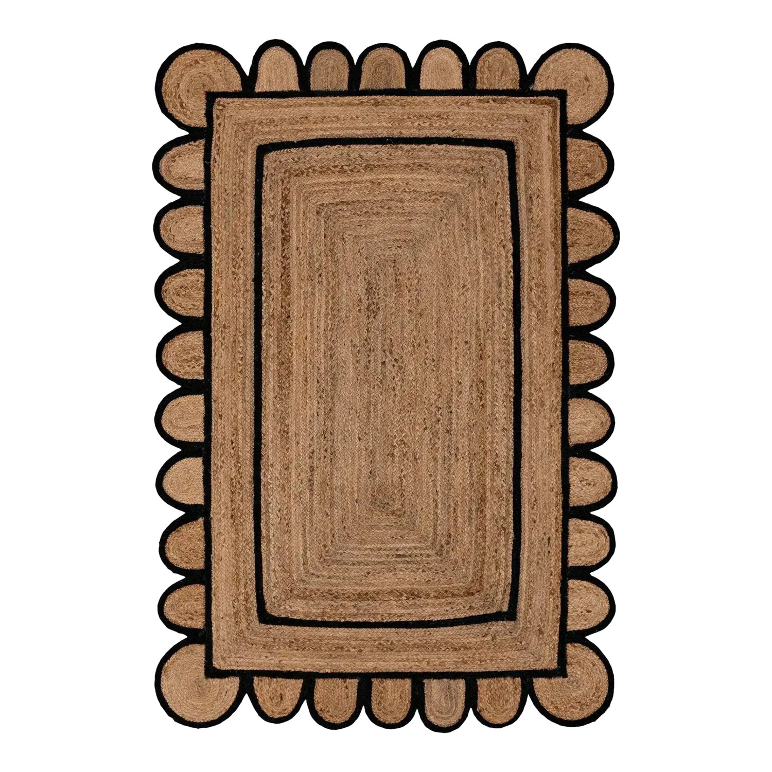 Elegant double trim black scalloped jute area rug measuring 4 x 6 ft, perfect for adding a natural touch to your living room decor. This large living room rug features a unique scalloped design with a black border, making it a stylish and functional choice for modern spaces.