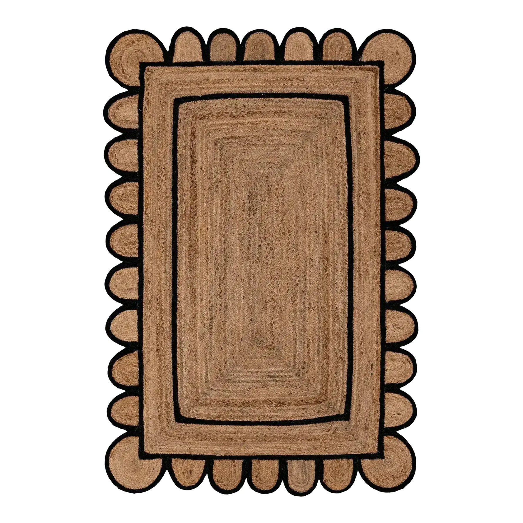 Elegant double trim black scalloped jute area rug measuring 4 x 6 ft, perfect for adding a natural touch to your living room decor. This large living room rug features a unique scalloped design with a black border, making it a stylish and functional choice for modern spaces.