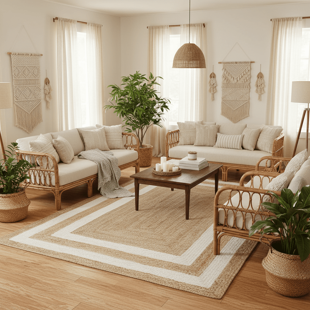 Cozy living room with wicker furniture, plants, jute rug, and macrame wall hangings.