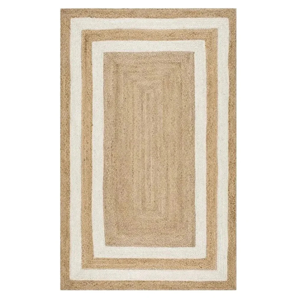 Double White Trim Natural Rectangular Hand Braided Jute Rug