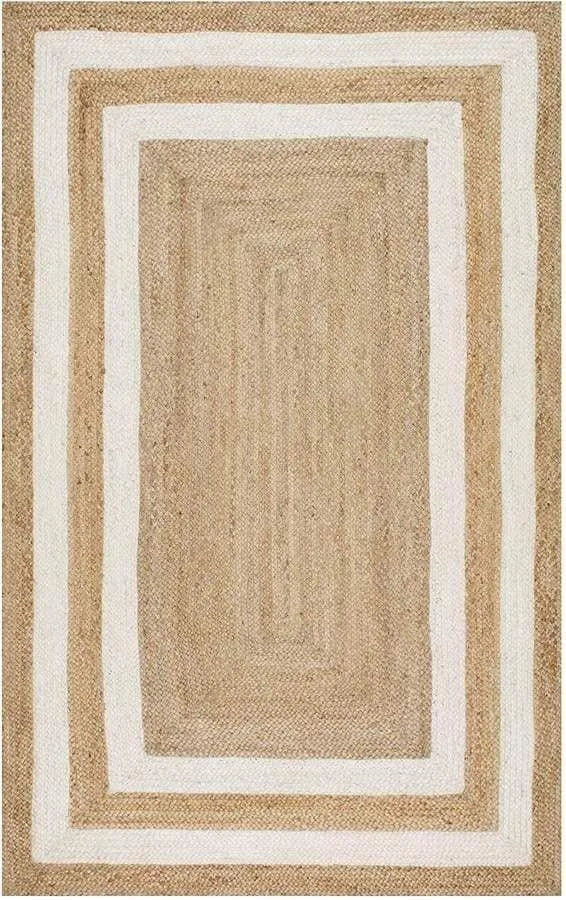 Double White Trim Natural Rectangular Hand Braided Jute Rug