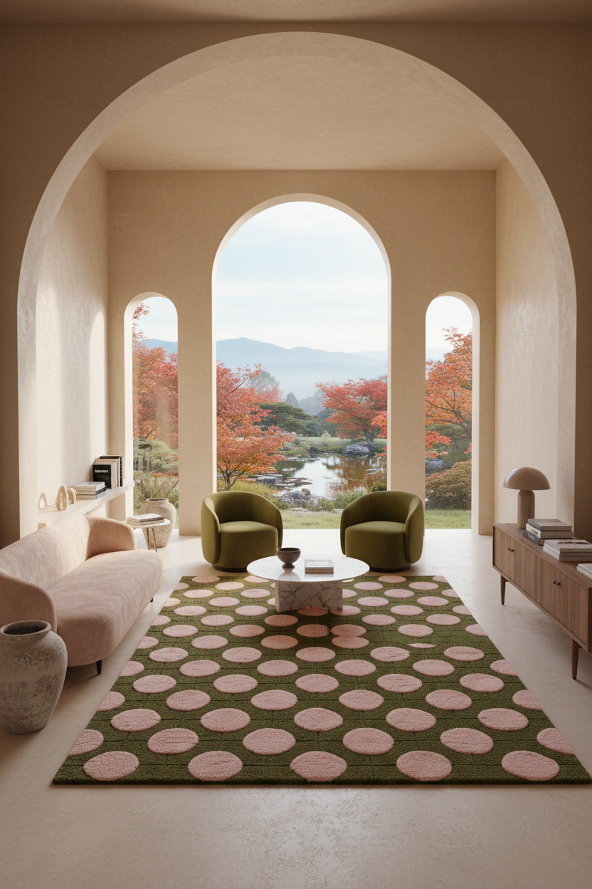 A large rectangular area rug with a dark olive green base and large dusty pink circles, styled in a modern living room with two green armchairs, a white sofa, and a view through arched windows.