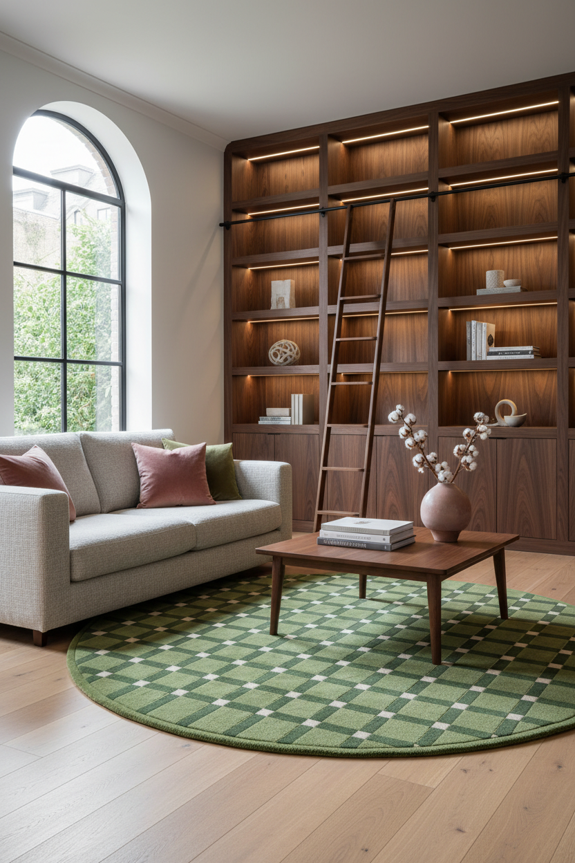 A modern living room interior featuring a large built-in wooden bookshelf with a ladder, a light beige sofa, a round green patterned rug, and a wooden coffee table.