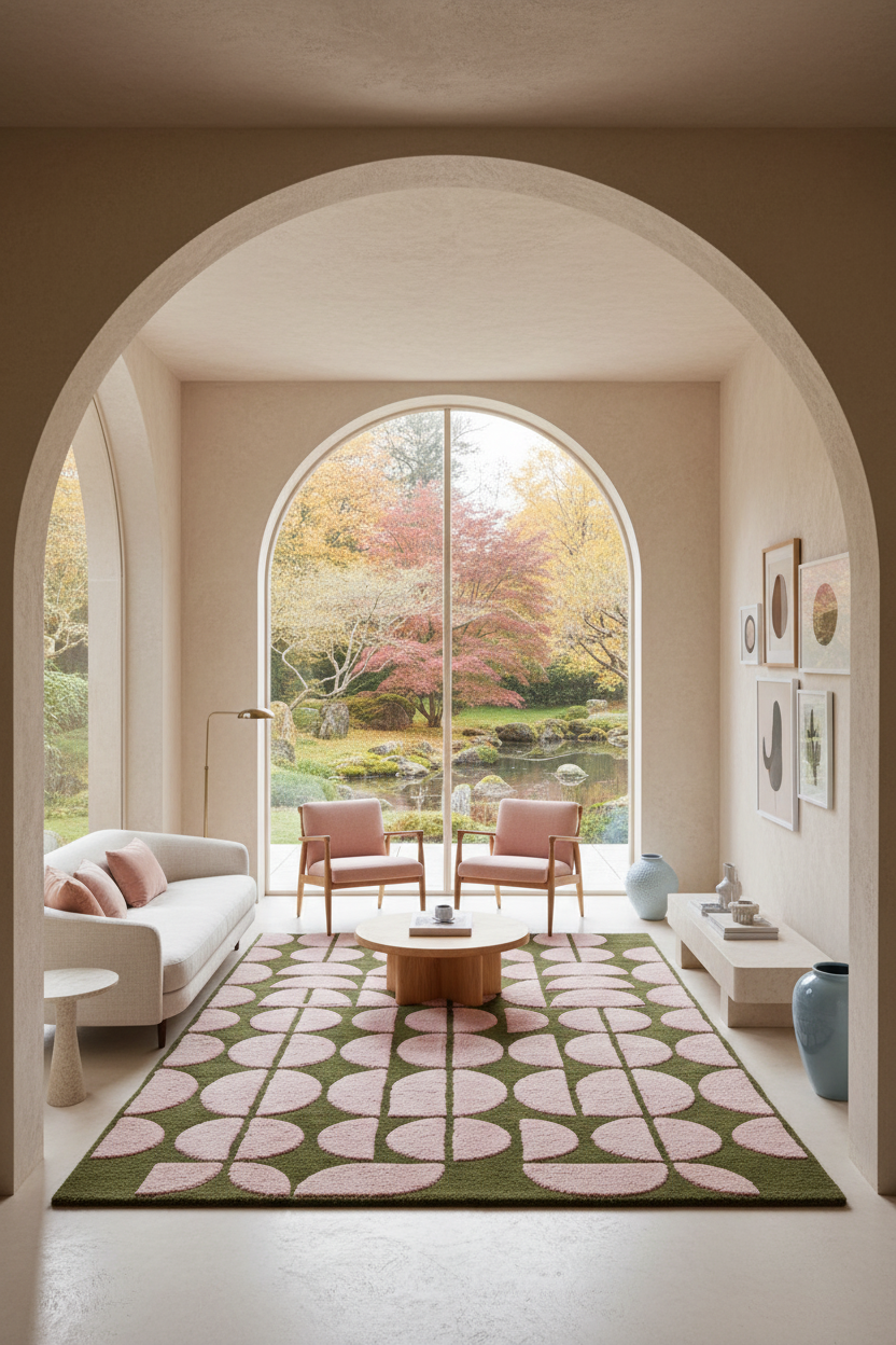 A modern living room with a large patterned area rug, two pink armchairs, and a white sofa, framed by a large arched doorway looking out to a garden scene.
