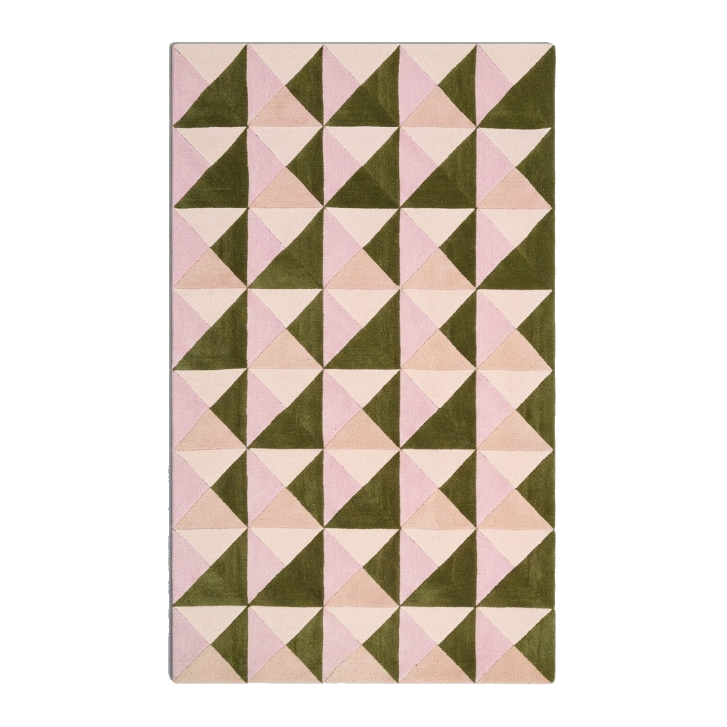 Pink Cream and Olive Triangle Mosaic Hand-Tufted Rug