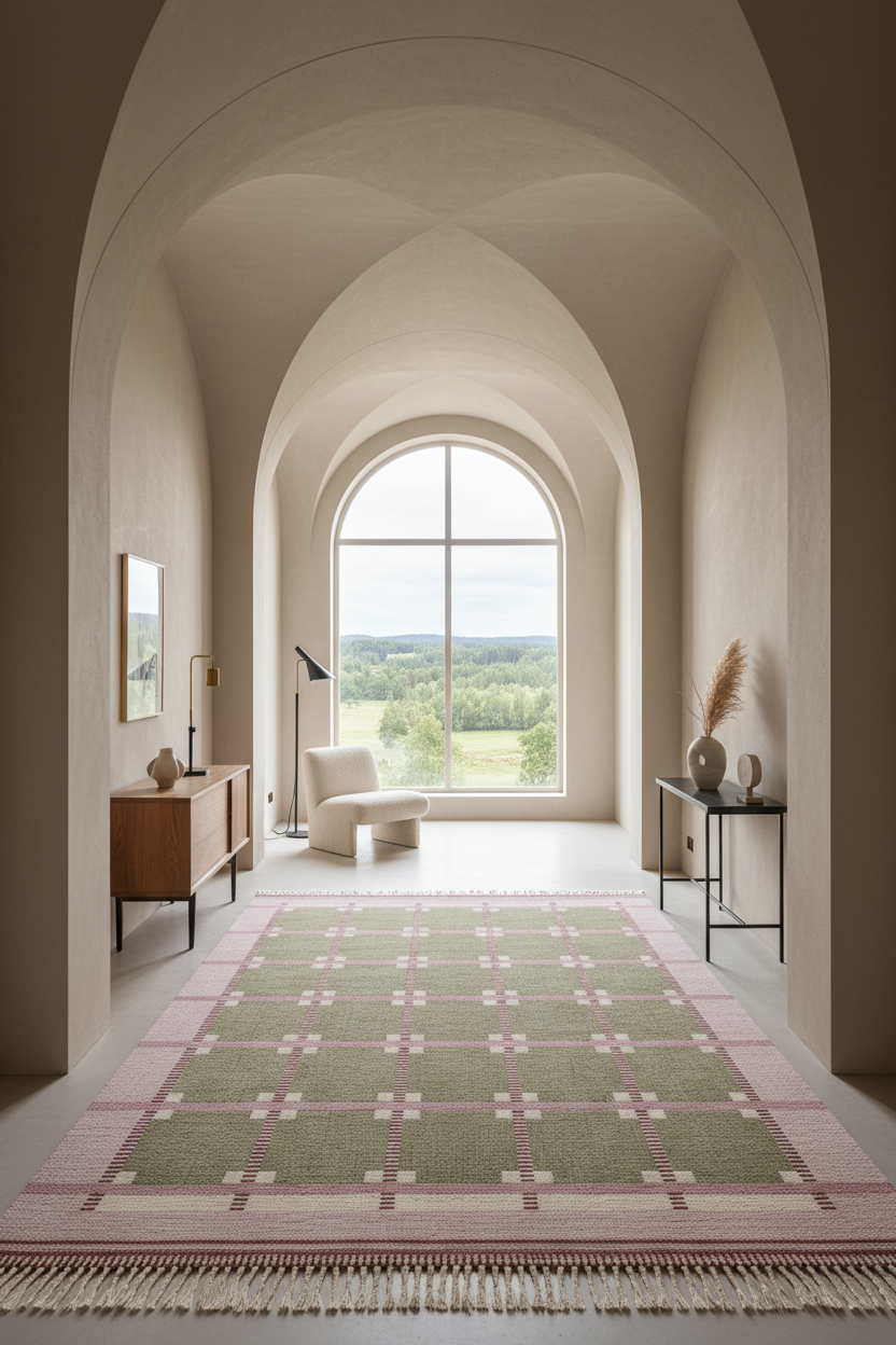 A long rectangular area rug with a green and pink geometric lattice pattern and fringe, displayed in a grand, arched hallway with a large window looking out to a forest.
