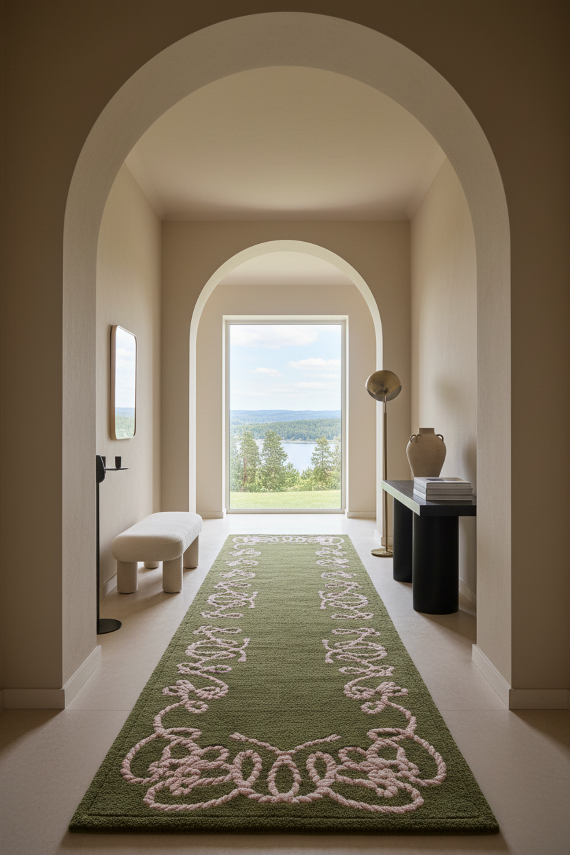 A long green area rug with a white rope-style ornamental pattern runs down a hallway framed by arched doorways, with a bench, console table, and a large window showing a lake view in the background.