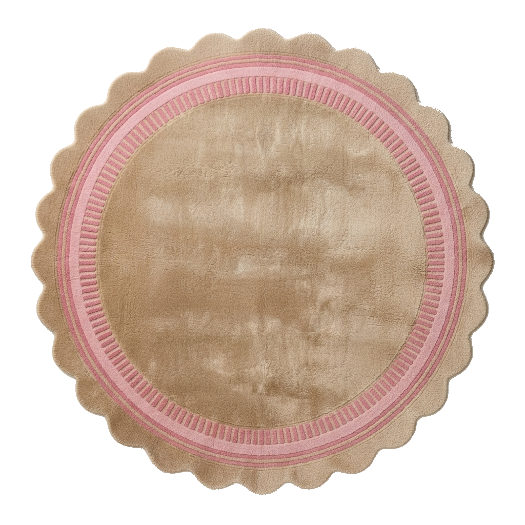 Taupe Round Hand-Tufted Rug with Pink Scalloped Border