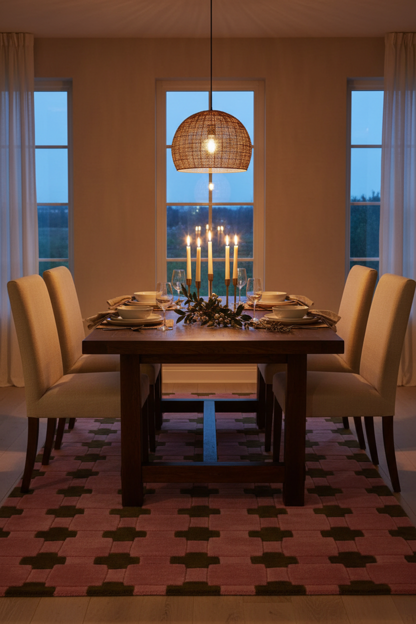 A dining room scene with a dark wood rectangular table set for six, surrounded by cream upholstered chairs. A woven pendant light hangs above, and a candelabra sits on the table.