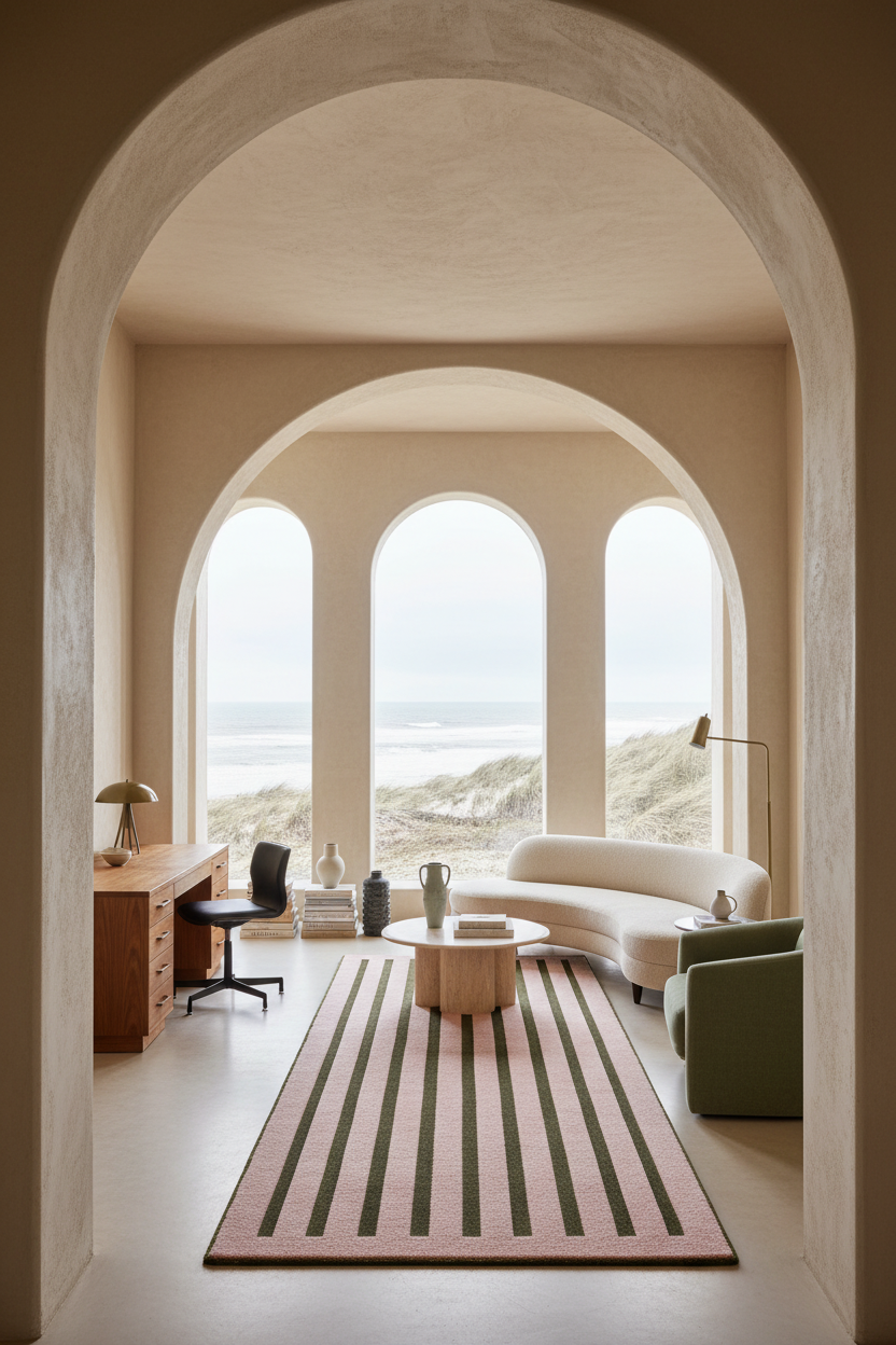 A modern living room with a curved cream sofa, striped area rug, and a green accent chair, viewed through a large arched doorway. Large arched windows look out to ocean dunes, and no brand is visible.