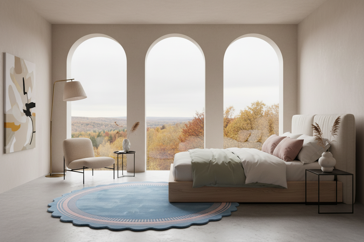 A modern bedroom interior with a low platform bed, neutral bedding, a blue scalloped area rug, a beige armchair, and tall arched windows overlooking an autumn landscape.