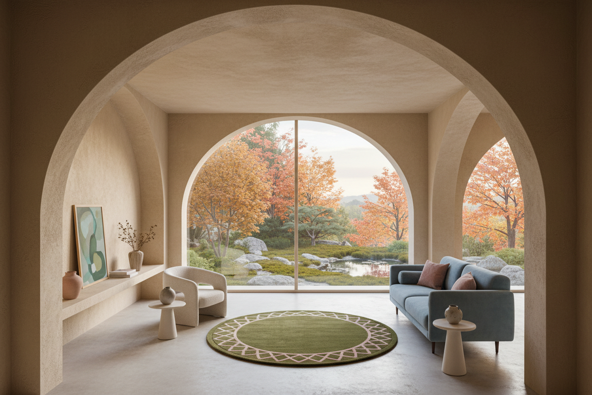 A modern living room framed by large arched openings, featuring a blue sofa, white armchair, round green rug, and a garden view outside with autumn trees.