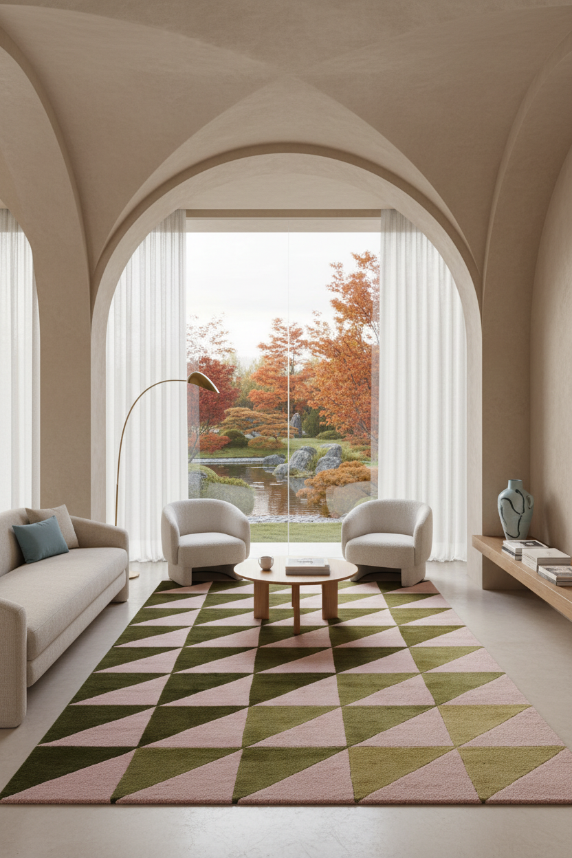 A large geometric area rug with a pink and olive green triangle pattern, styled in a modern living room with a beige sofa, two white armchairs, and a round wooden coffee table.