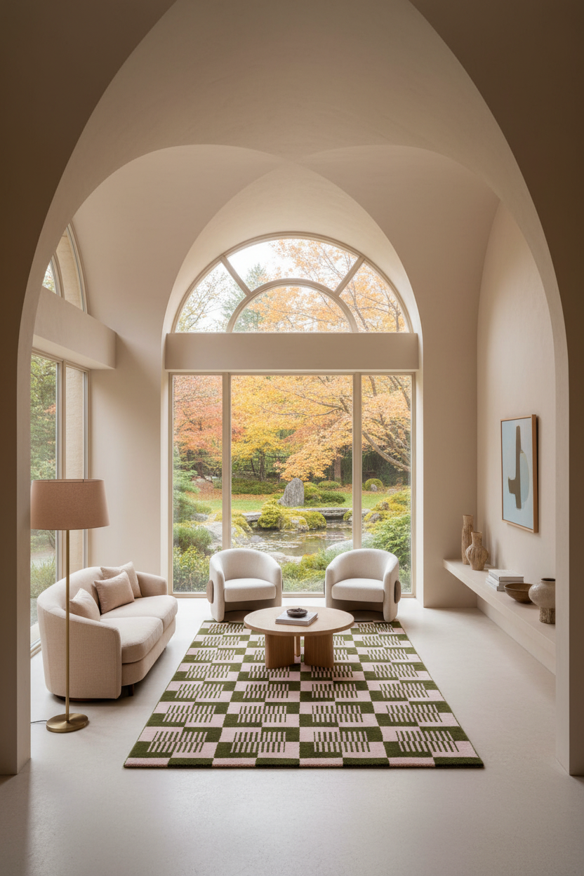 A modern living room with a large arched window overlooking a garden, furnished with a cream sofa, two armchairs, a round coffee table, and a black-and-white checkered rug.