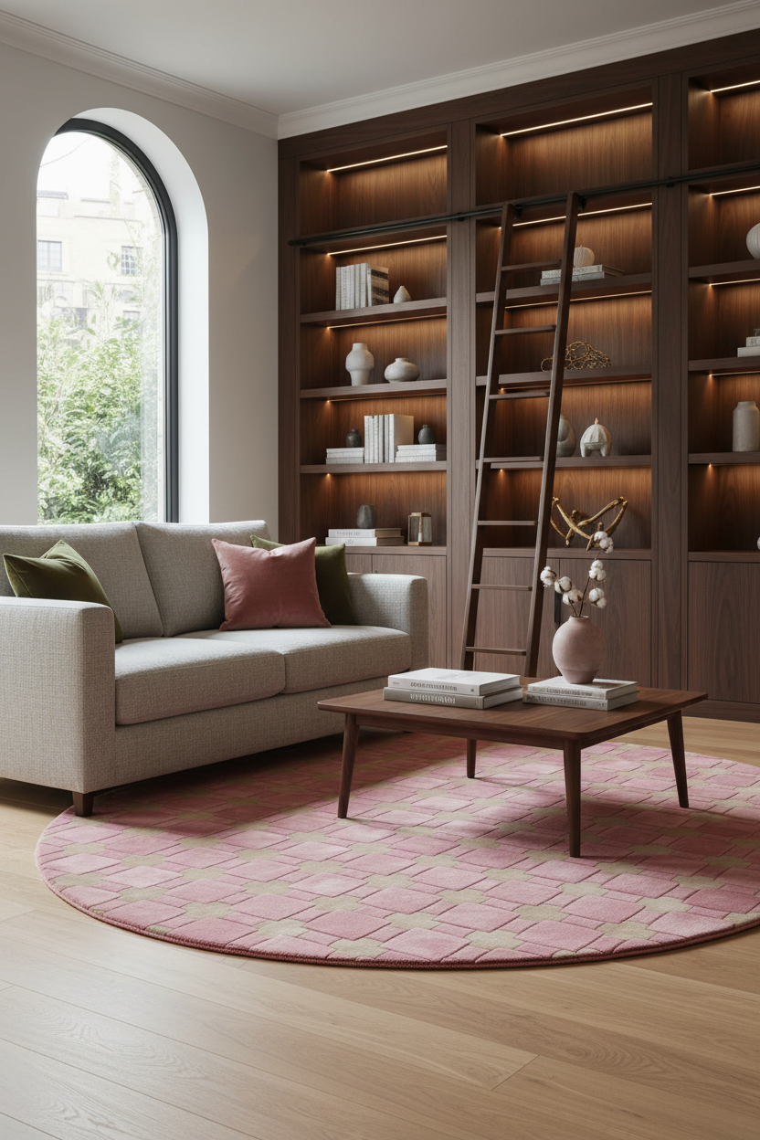 A modern living room featuring a light beige sofa, a dark wood coffee table, a round pink patterned rug, and a large built-in wooden bookshelf with a ladder.