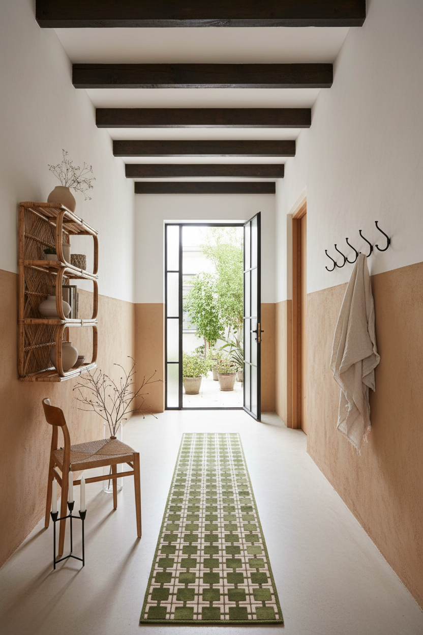 A long hallway with a green and white patterned runner rug, featuring a wooden chair, wall-mounted shelving, coat hooks, and an open door at the end leading to a sunlit outdoor patio.
