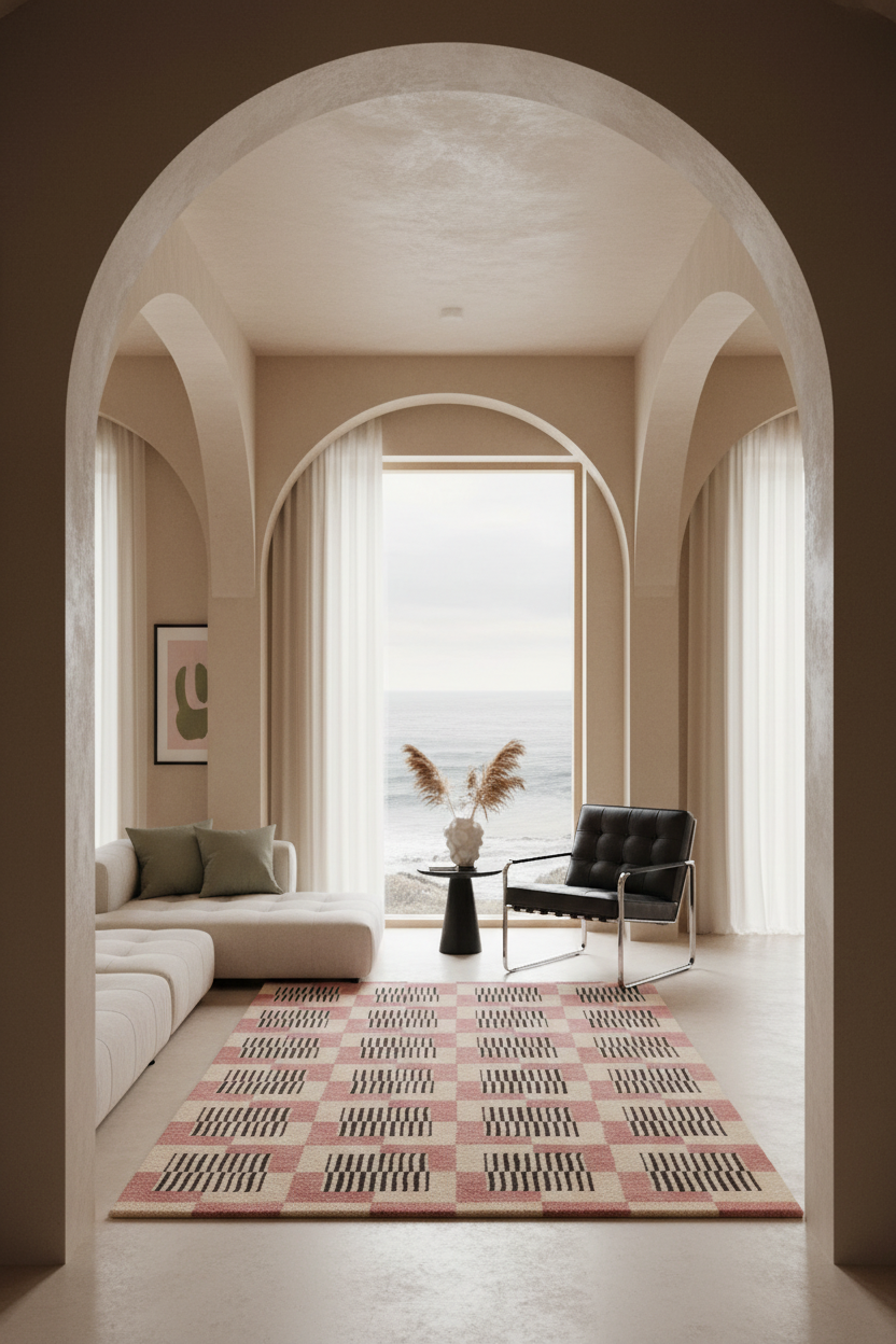 A modern living room viewed through a large arched doorway, featuring a pink and beige patterned area rug, a cream sectional sofa, a black leather accent chair, and a large window looking out to the ocean.
