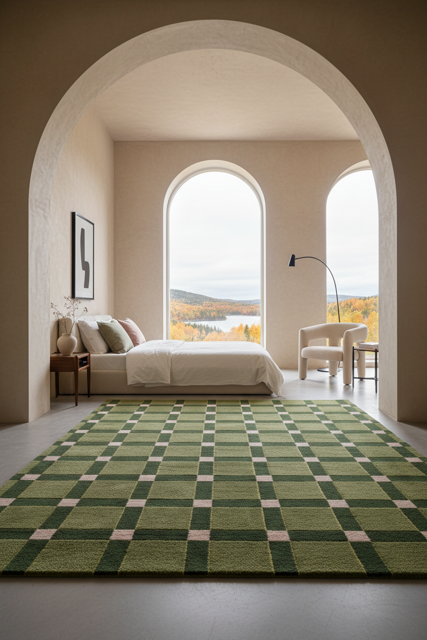 A green and beige checkered area rug in a modern, minimalist bedroom with arched windows and a view of a lake.