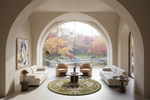 A luxury modern living room with a large arched window overlooking a garden, furnished with cream sofas, two tan armchairs, a round green patterned rug, and a central coffee table.