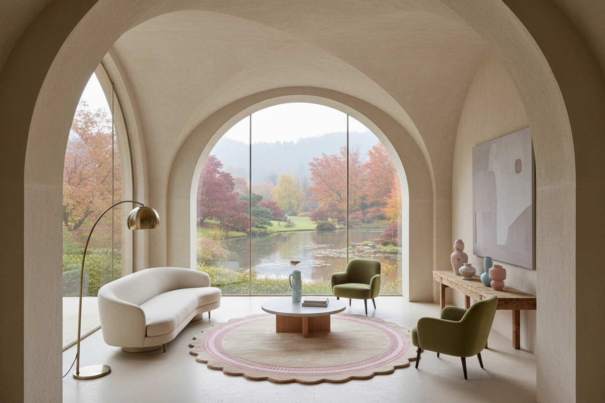 A luxury modern living room with a large arched window overlooking a scenic autumn lake landscape. The room features a white curved sofa, two olive green armchairs, a round pink and beige rug, a wooden coffee table, and a tall floor lamp, all framed by beige stone arches.