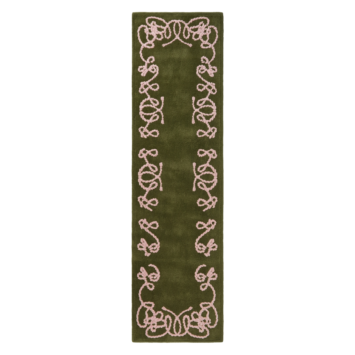 Olive Green Hand-Tufted Runner with Pink Scroll Border