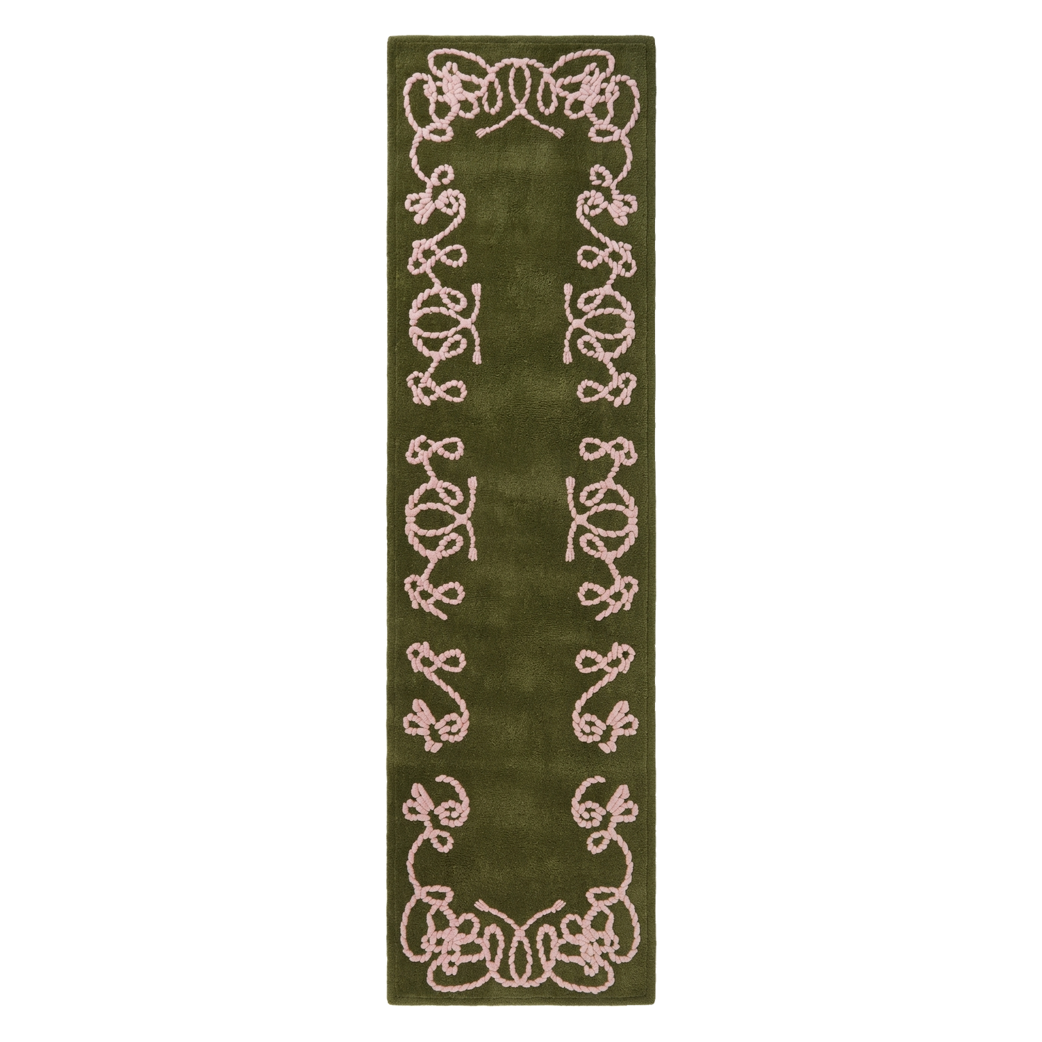 Olive Green Hand-Tufted Runner with Pink Scroll Border