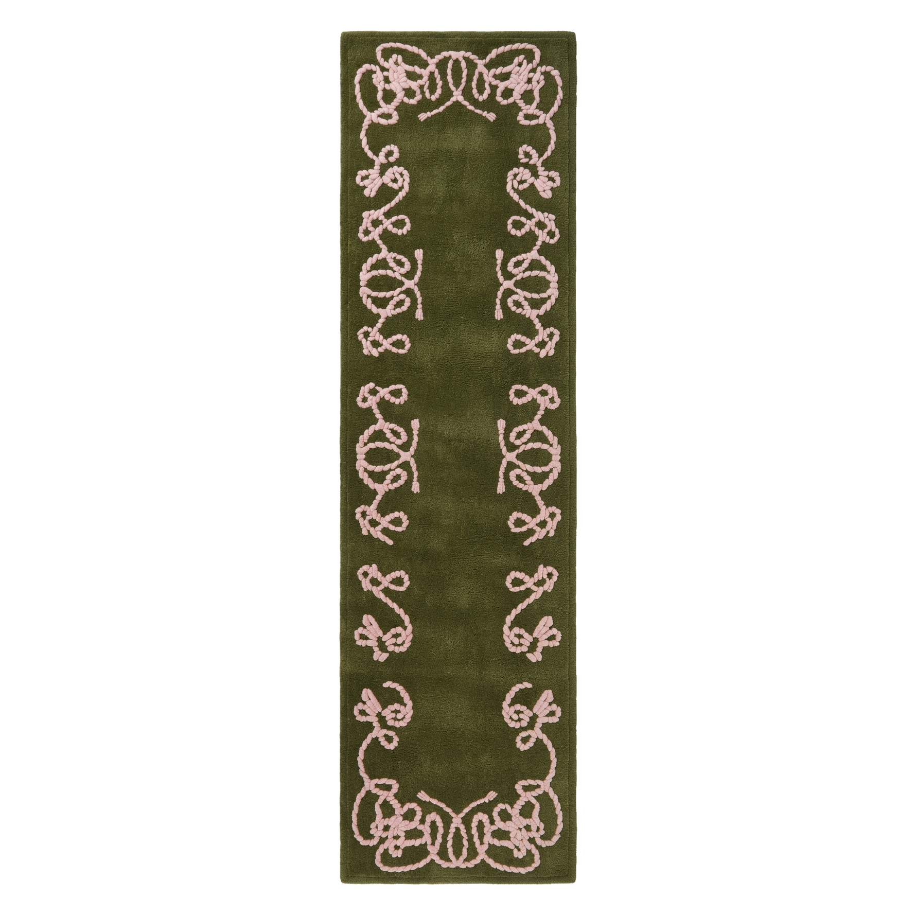Olive Green Hand-Tufted Runner with Pink Scroll Border