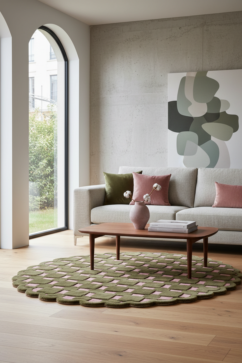 A modern living room scene featuring a light gray fabric sofa with pink and olive green pillows, a round scalloped area rug in olive green and pink, a wooden coffee table, and a large abstract wall art piece on a concrete wall.