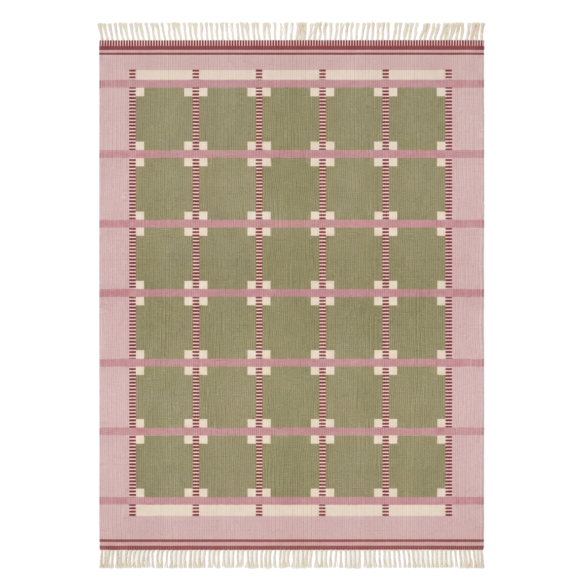 Sage Green Hand-Tufted Rug with Pink Windowpane Plaid