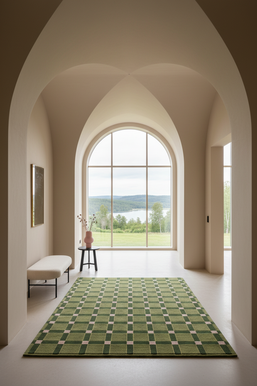 A green and beige checkered area rug laid out on a light-colored floor in a grand arched hallway with a large window overlooking a lake and green fields.