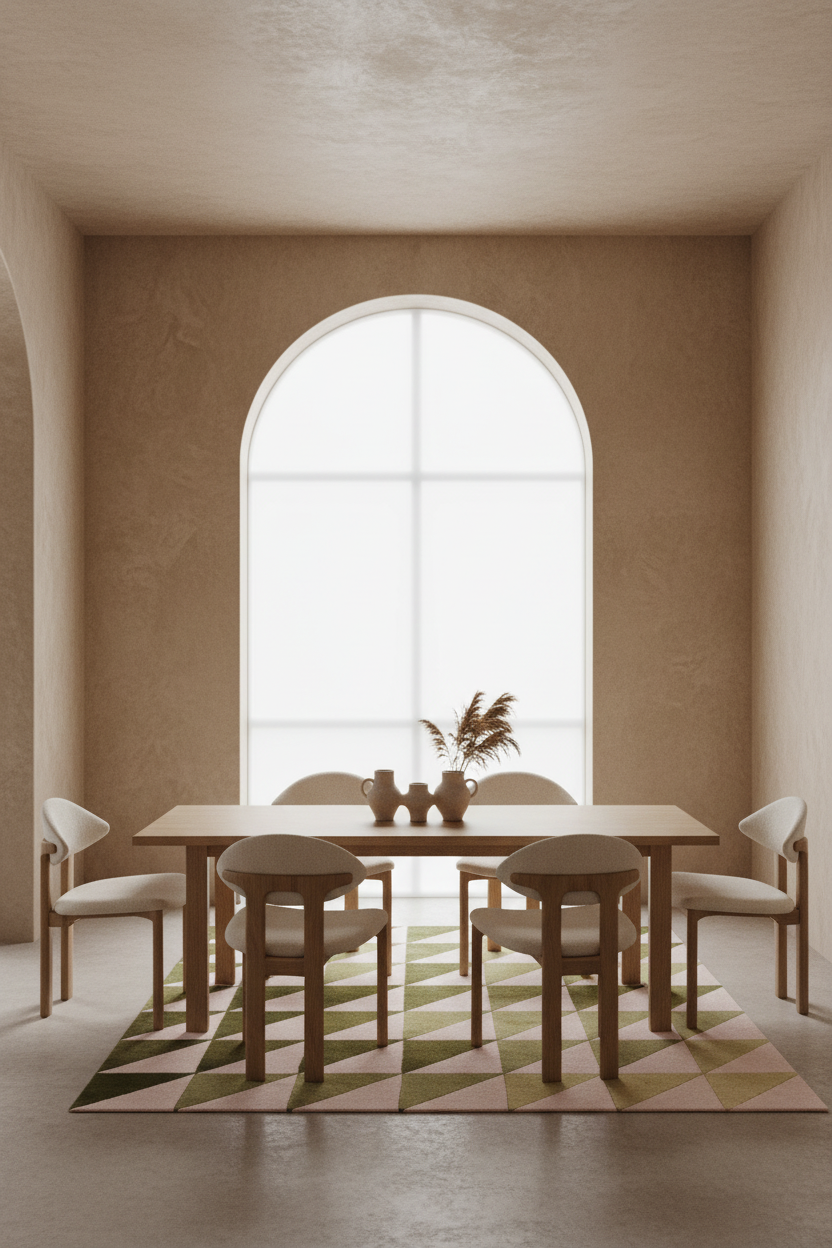 A minimalist dining room setup featuring a light wood rectangular table and four matching chairs with cream upholstery, arranged on a geometric patterned rug in front of a large arched window.