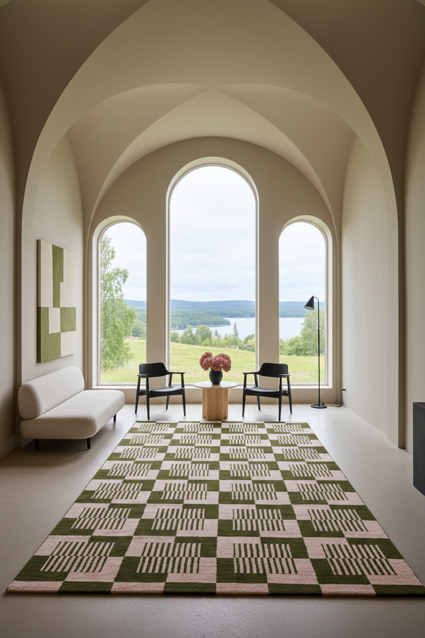 A large geometric patterned area rug in olive green and blush pink is displayed in a modern room with arched windows overlooking a lake and forest landscape. The room features a cream sofa, black chairs, and a small wooden side table.