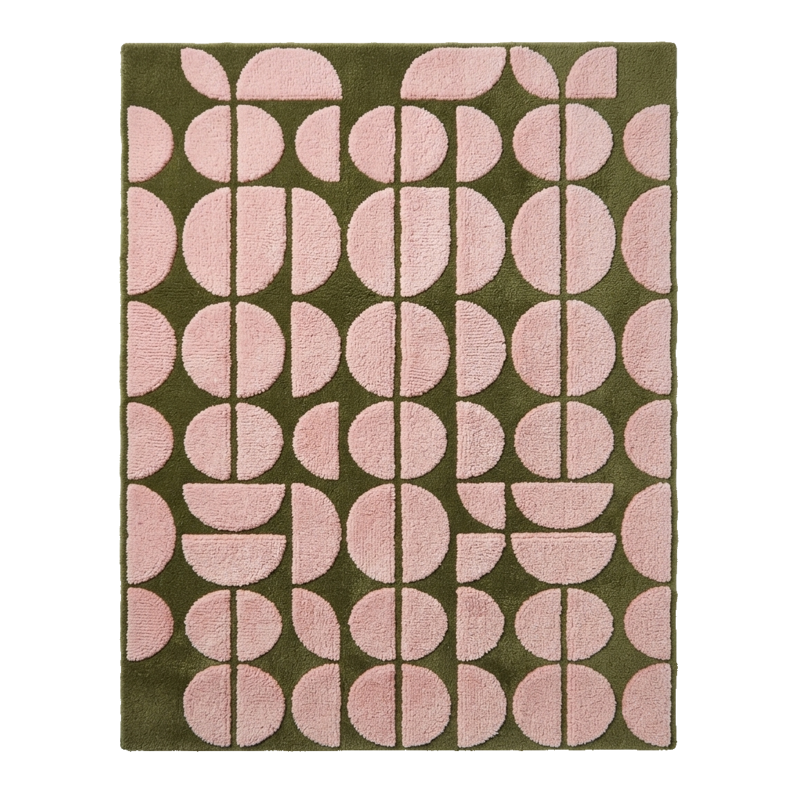 Olive Green Hand-Tufted Rug with Pink Half Moon Pattern
