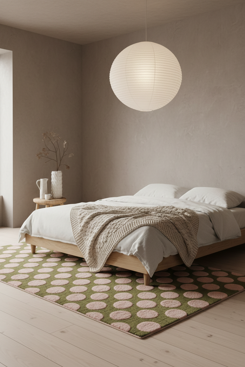 A minimalist bedroom scene featuring a light wood platform bed dressed in white linens and a chunky beige knit throw, set on a green and pink patterned rug. A large white spherical pendant light hangs from the ceiling against a textured beige wall.