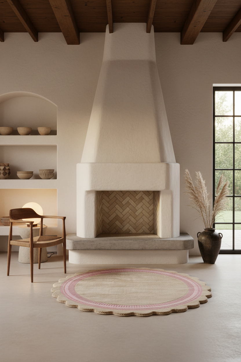 A round area rug with a scalloped edge and concentric pink and beige patterns, styled on a concrete floor in front of a large white fireplace in a rustic, minimalist room.