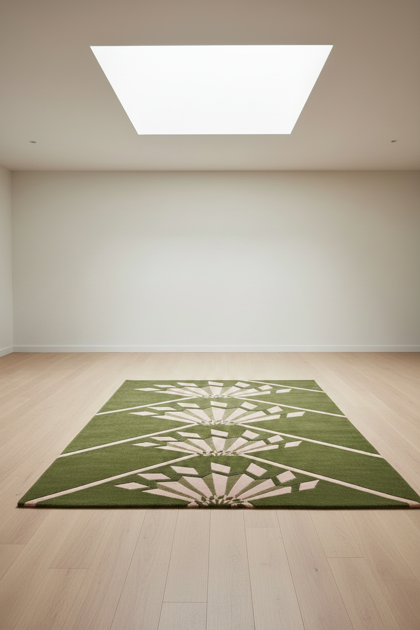 A green rectangular area rug with a white geometric fan-like pattern, displayed on a light wood floor in a minimalist room with a white wall and a large skylight.