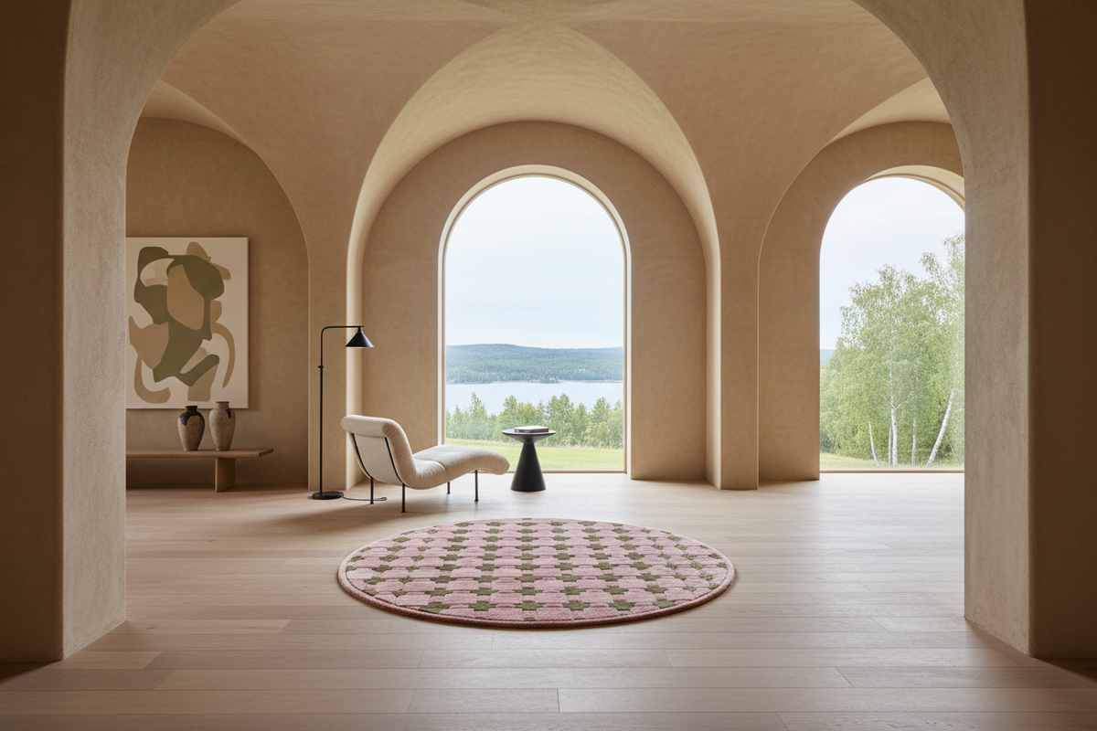 A round pink and beige patterned area rug sits on a light wood floor in a modern architectural room with arched openings and a view of water and trees.