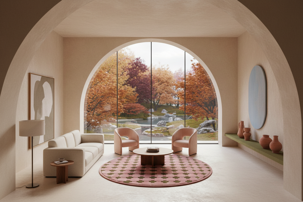 A modern living room with a large arched window overlooking an autumn garden, furnished with a cream sofa, two blush pink armchairs, a round coffee table, and a pink patterned rug.