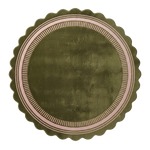 Olive Green Round Hand-Tufted Rug with Blush Scalloped Border
