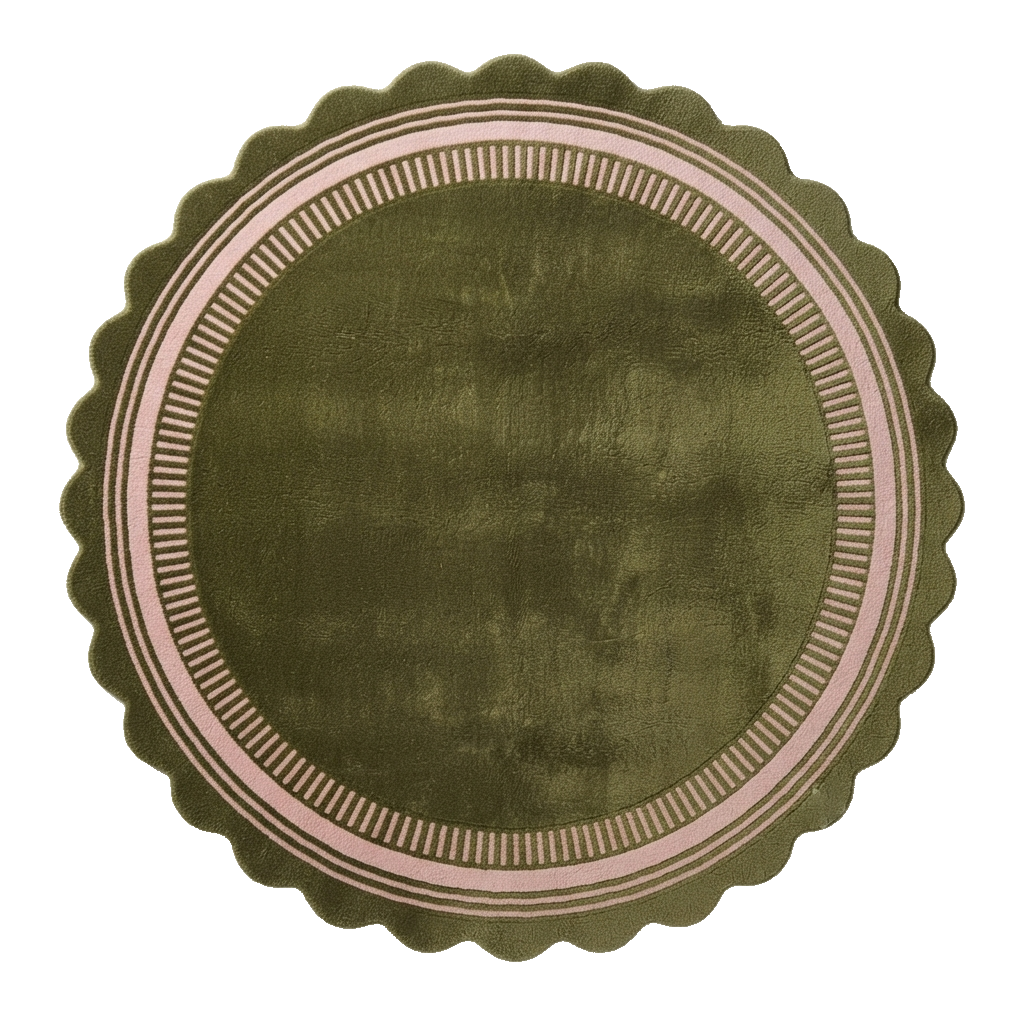 Olive Green Round Hand-Tufted Rug with Blush Scalloped Border