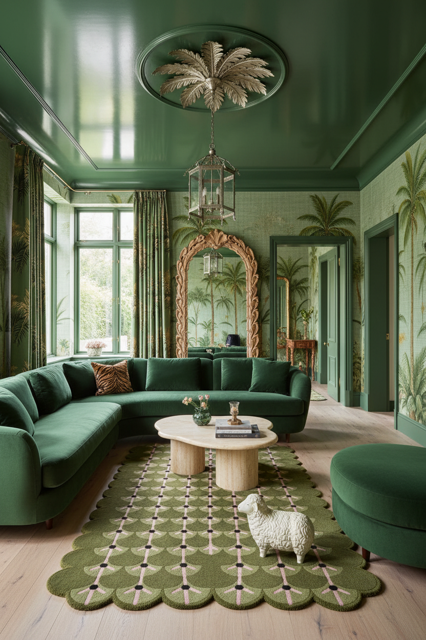 A luxurious living room featuring a deep green sectional sofa, a matching green round ottoman, a patterned green and beige rug, and a white sheep figurine on the floor. The room has green walls with palm tree wallpaper, a large ornate gold-framed mirror, and a green ceiling with a decorative medallion.