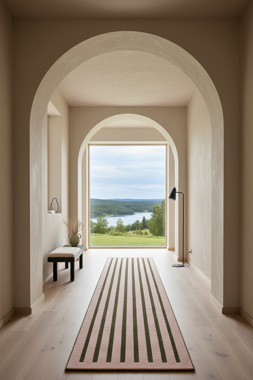 A long runner rug with dark green and pink horizontal stripes lies on a light wood floor in a hallway framed by large arched openings, leading to a scenic window view of a lake and green landscape.