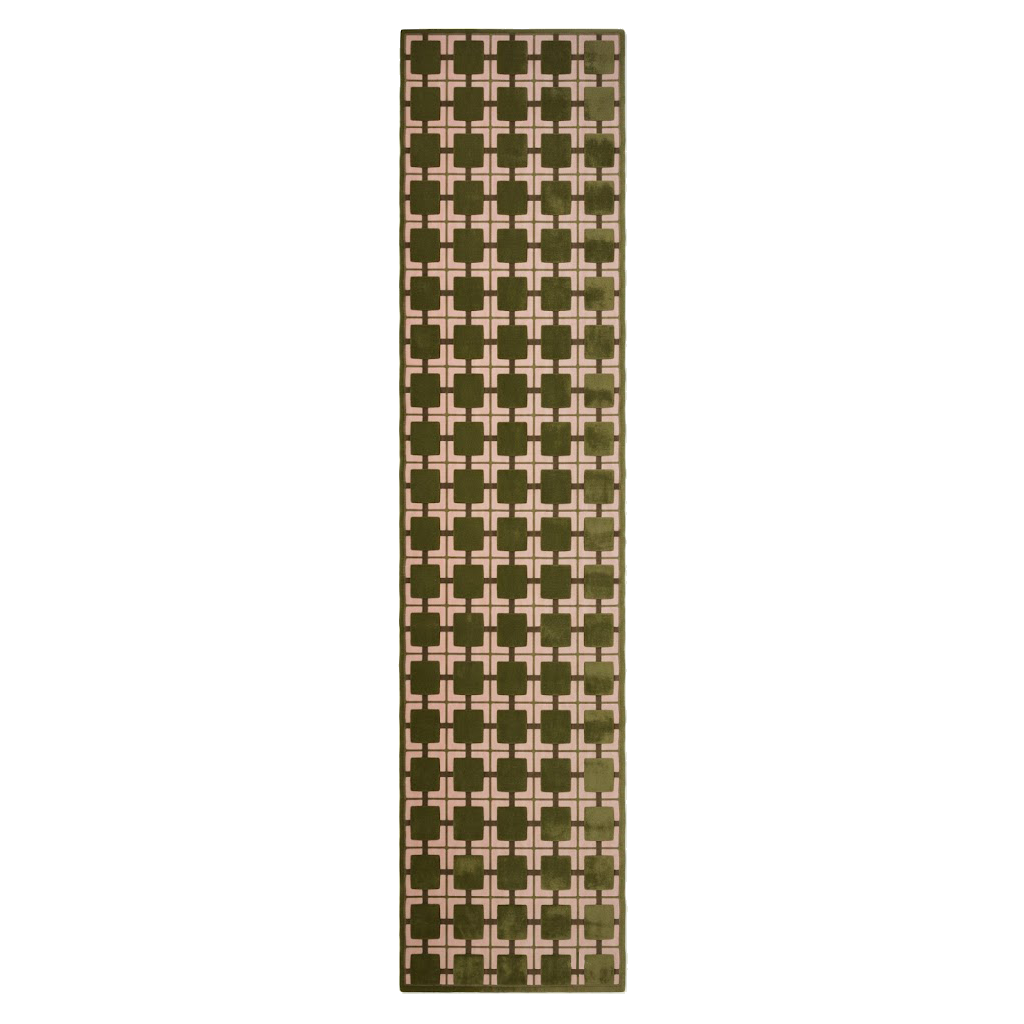 Olive Green Hand-Tufted Runner with Cream Cross Grid