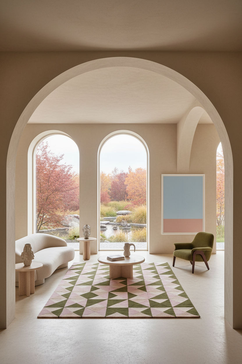 A modern living room interior with a geometric pink and green rug, a white curved sofa, a green armchair, and large arched windows looking out onto an autumn garden. A minimalist abstract painting hangs on the wall.