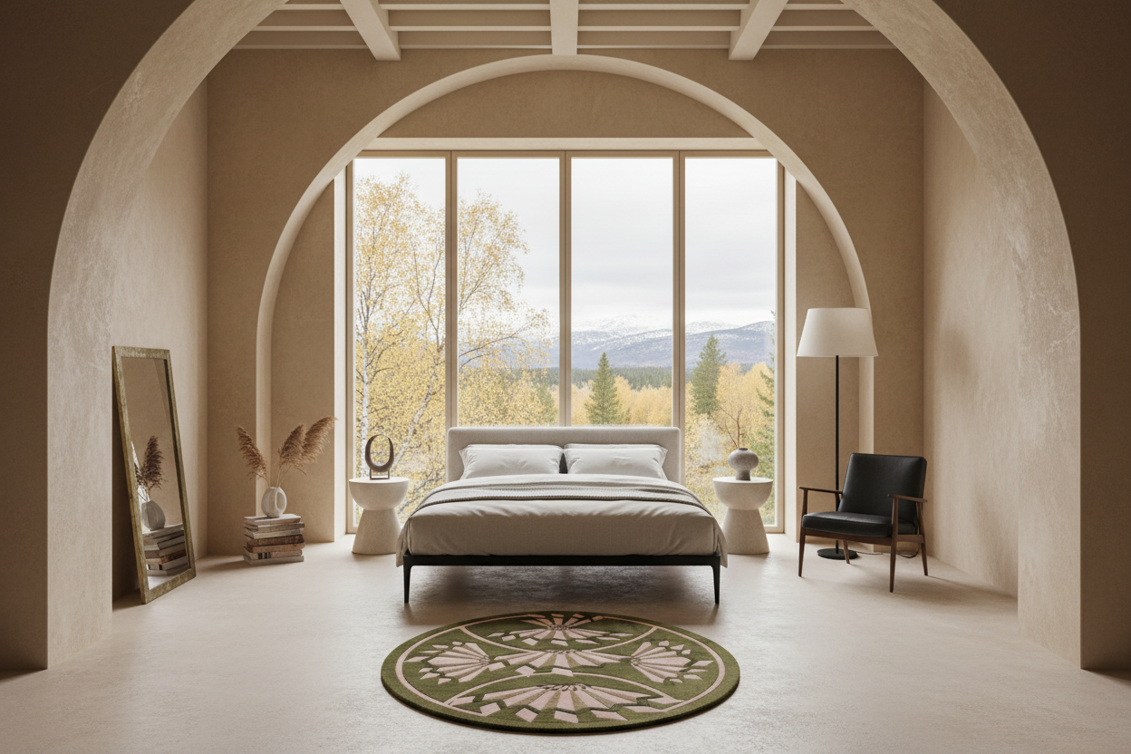 A modern bedroom with a minimalist bed centered under a large arched window, showing a forest view. The room has warm beige walls and floor, a round green and beige rug, a black armchair, and a tall floor lamp.
