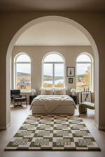 A modern bedroom viewed through a large arched doorway, featuring a beige platform bed, a green and cream geometric patterned area rug, and three tall arched windows overlooking a scenic outdoor landscape.