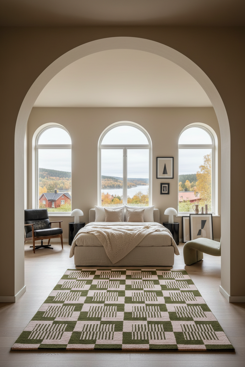 A modern bedroom viewed through a large arched doorway, featuring a beige platform bed, a green and cream geometric patterned area rug, and three tall arched windows overlooking a scenic outdoor landscape.